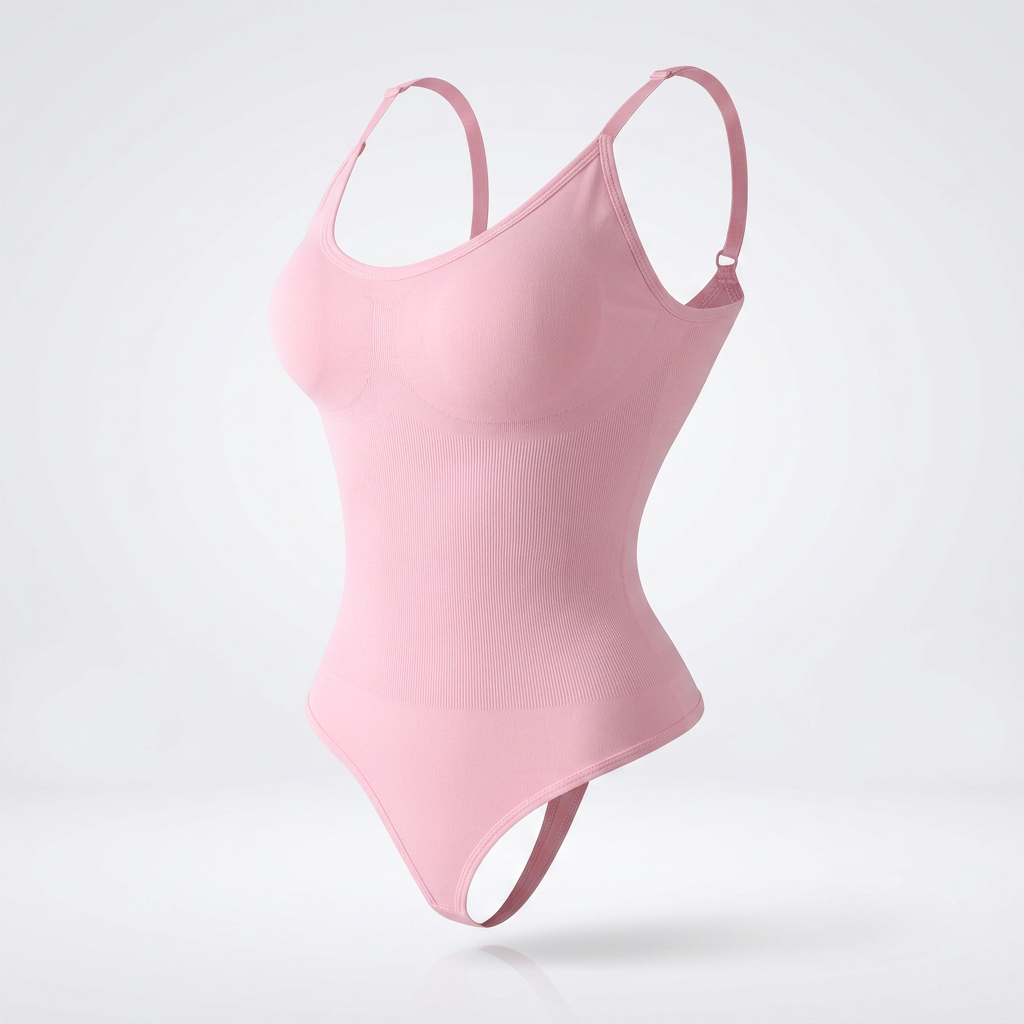 A light pink one-piece bodysuit with thin shoulder straps and a high-cut leg, shown floating against a clean white background.